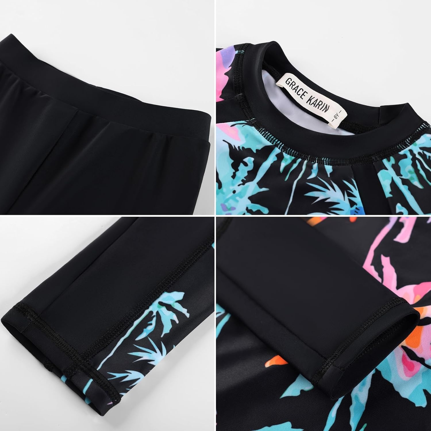 image:imageGRACE KARIN Girls Long Sleeve Swimsuit Two Piece Rashguard Floral Swimwear 614YIridescent Tropical Palm Print on Black