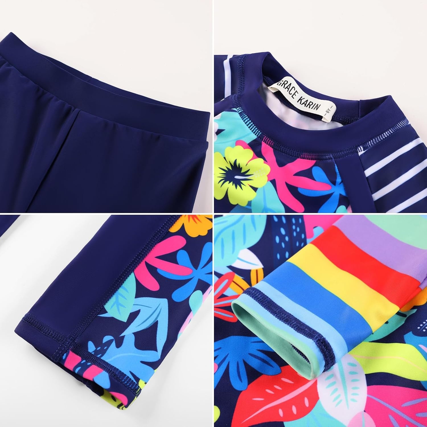 image:imageGRACE KARIN Girls Long Sleeve Swimsuit Two Piece Rashguard Floral Swimwear 614YNavy Background With Vibrant Blooms