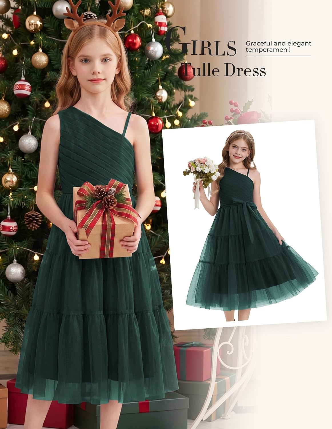 image:imageGRACE KARIN Girls Maxi Flower Christmas Formal Party Tulle Prom Dress 714Eden Green