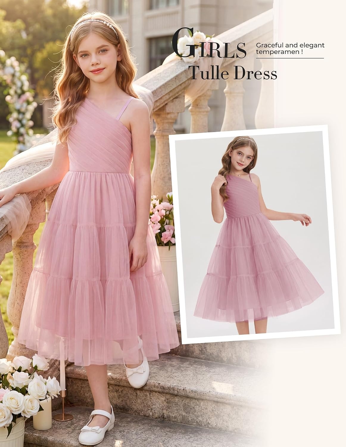 image:imageGRACE KARIN Girls Maxi Flower Christmas Formal Party Tulle Prom Dress 714Gray Pink