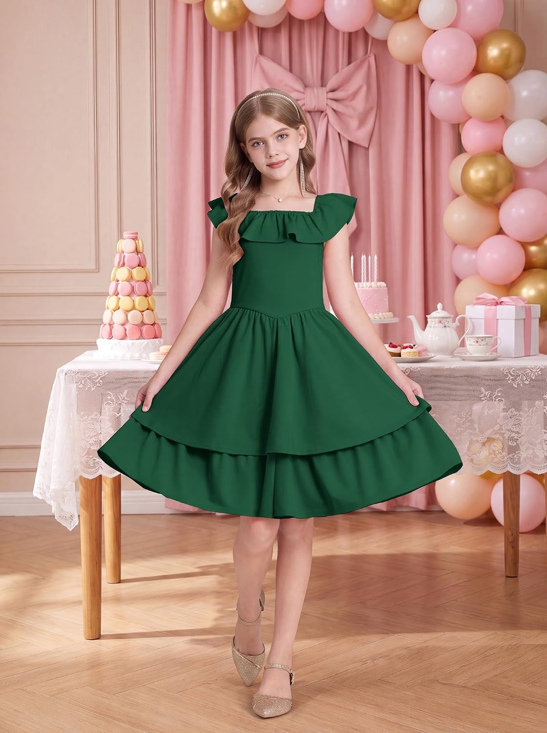 image:imageGRACE KARIN Girls Party Dress Ruffled Sleeve ALine Dresses for Girls 714YEden Green