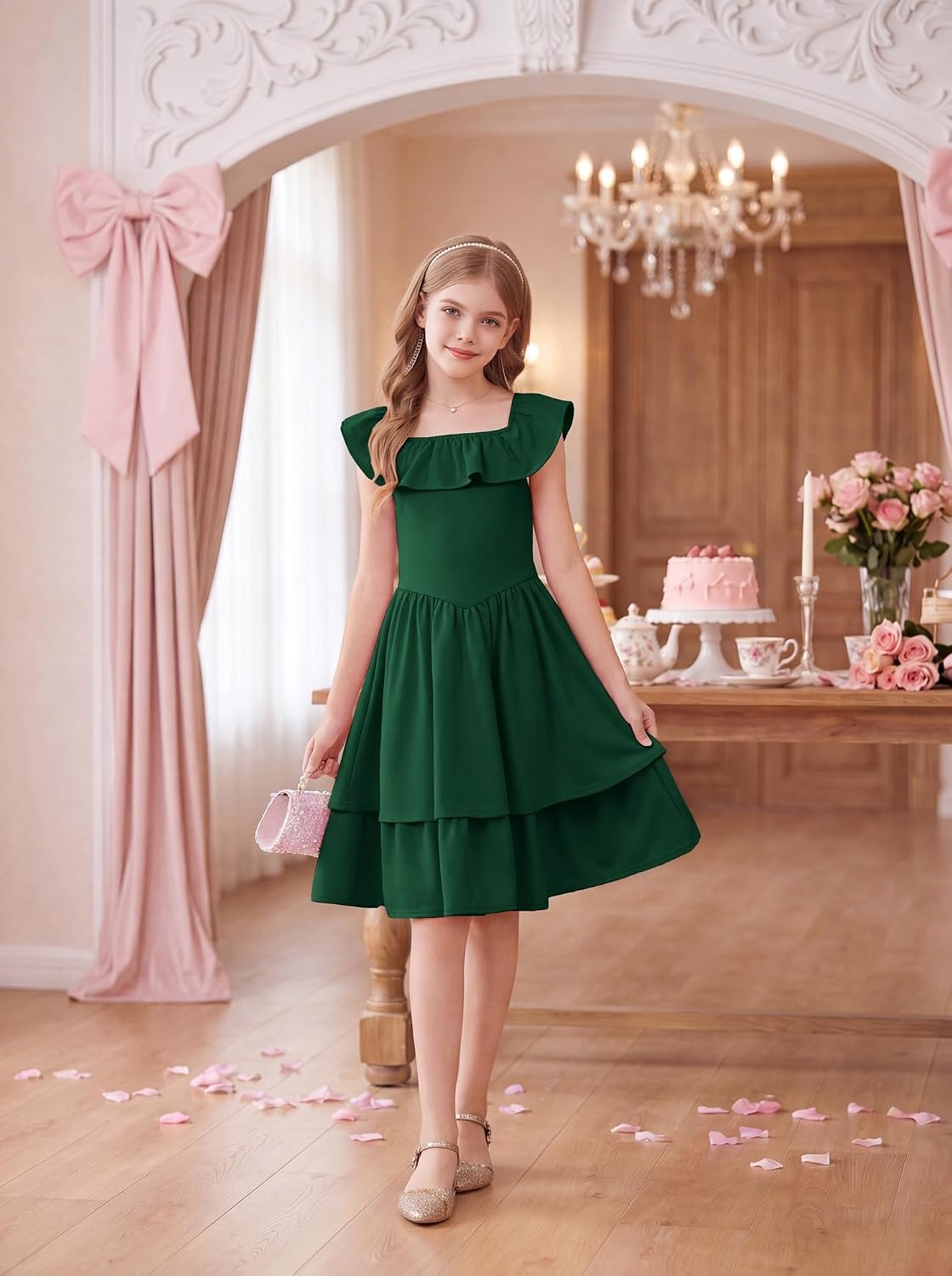 image:imageGRACE KARIN Girls Party Dress Ruffled Sleeve ALine Dresses for Girls 714YEden Green