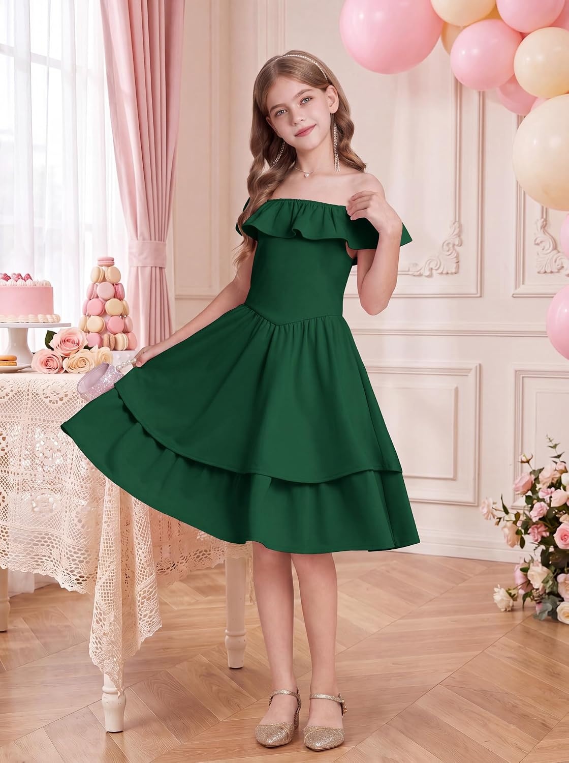 image:imageGRACE KARIN Girls Party Dress Ruffled Sleeve ALine Dresses for Girls 714YEden Green
