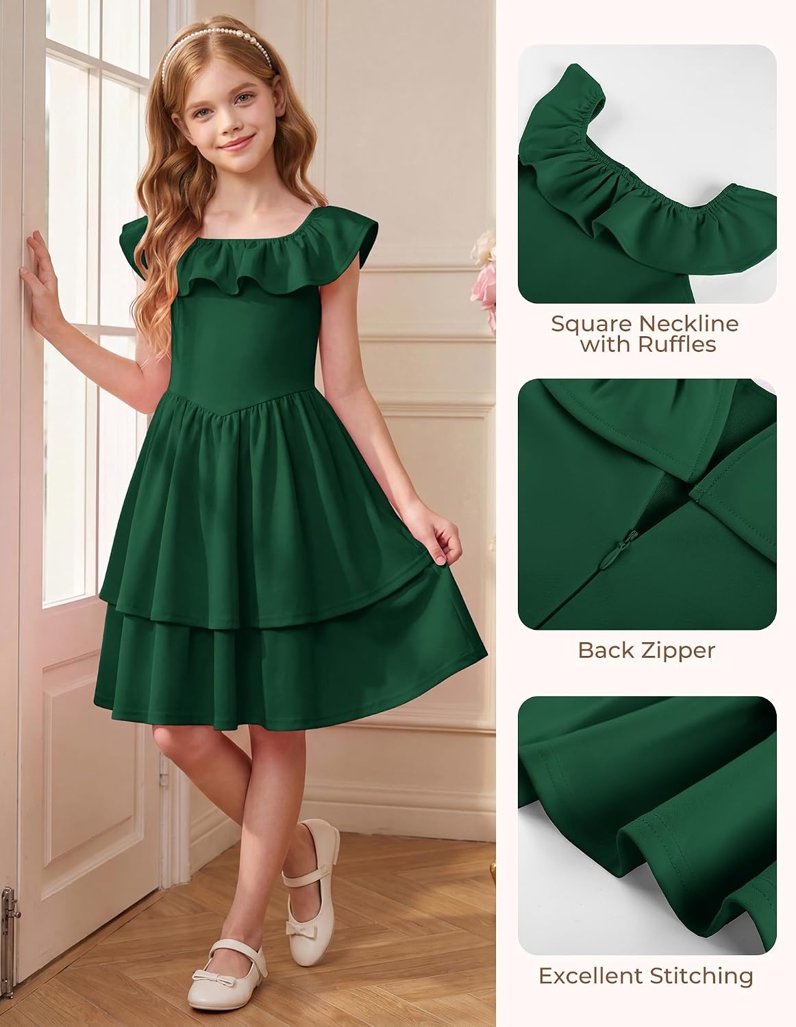 image:imageGRACE KARIN Girls Party Dress Ruffled Sleeve ALine Dresses for Girls 714YEden Green
