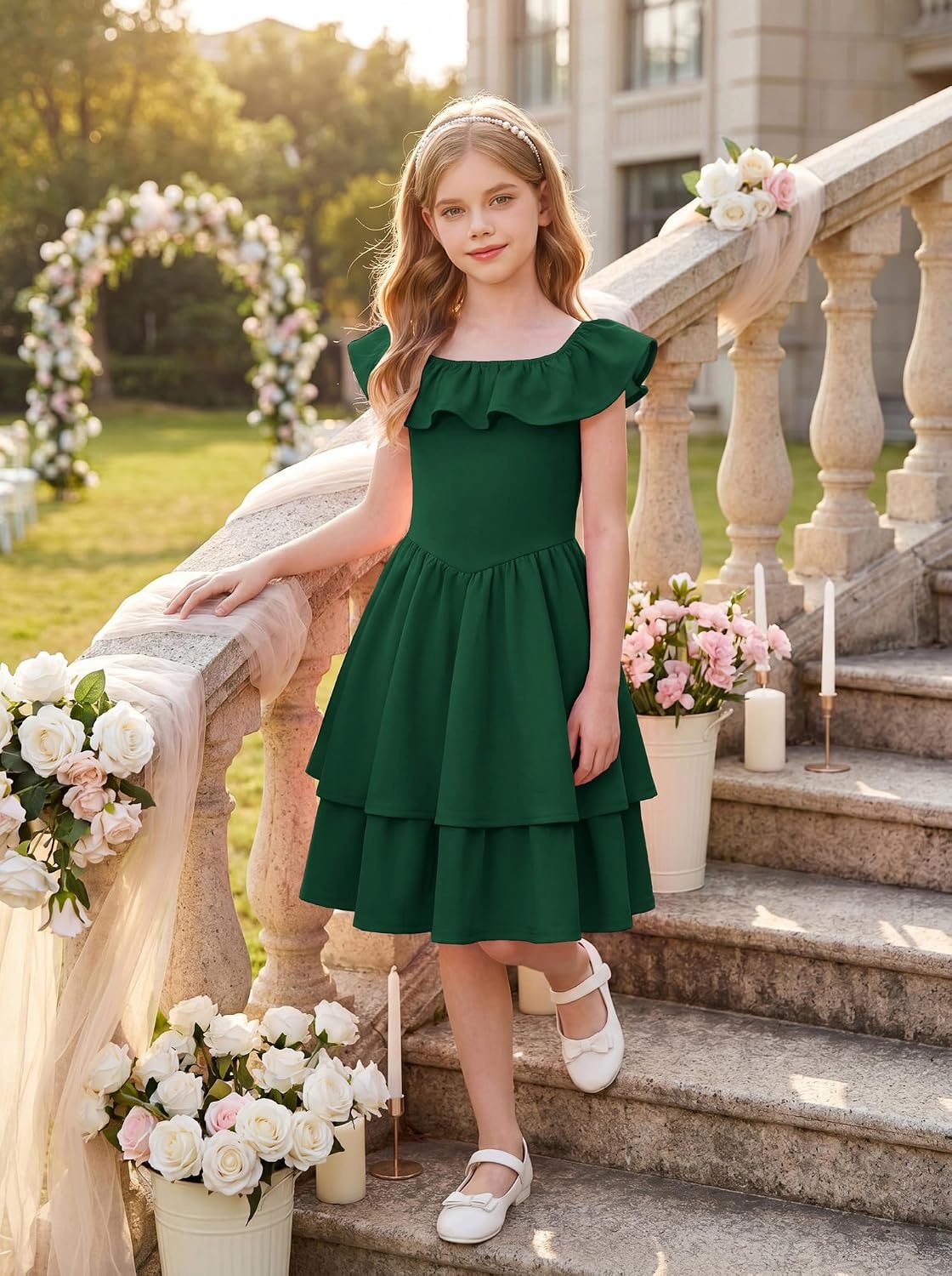 image:imageGRACE KARIN Girls Party Dress Ruffled Sleeve ALine Dresses for Girls 714YEden Green