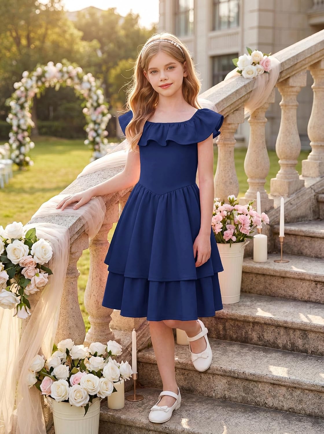 image:imageGRACE KARIN Girls Party Dress Ruffled Sleeve ALine Dresses for Girls 714YNavy Blue