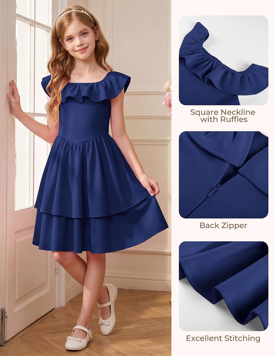 image:imageGRACE KARIN Girls Party Dress Ruffled Sleeve ALine Dresses for Girls 714YNavy Blue