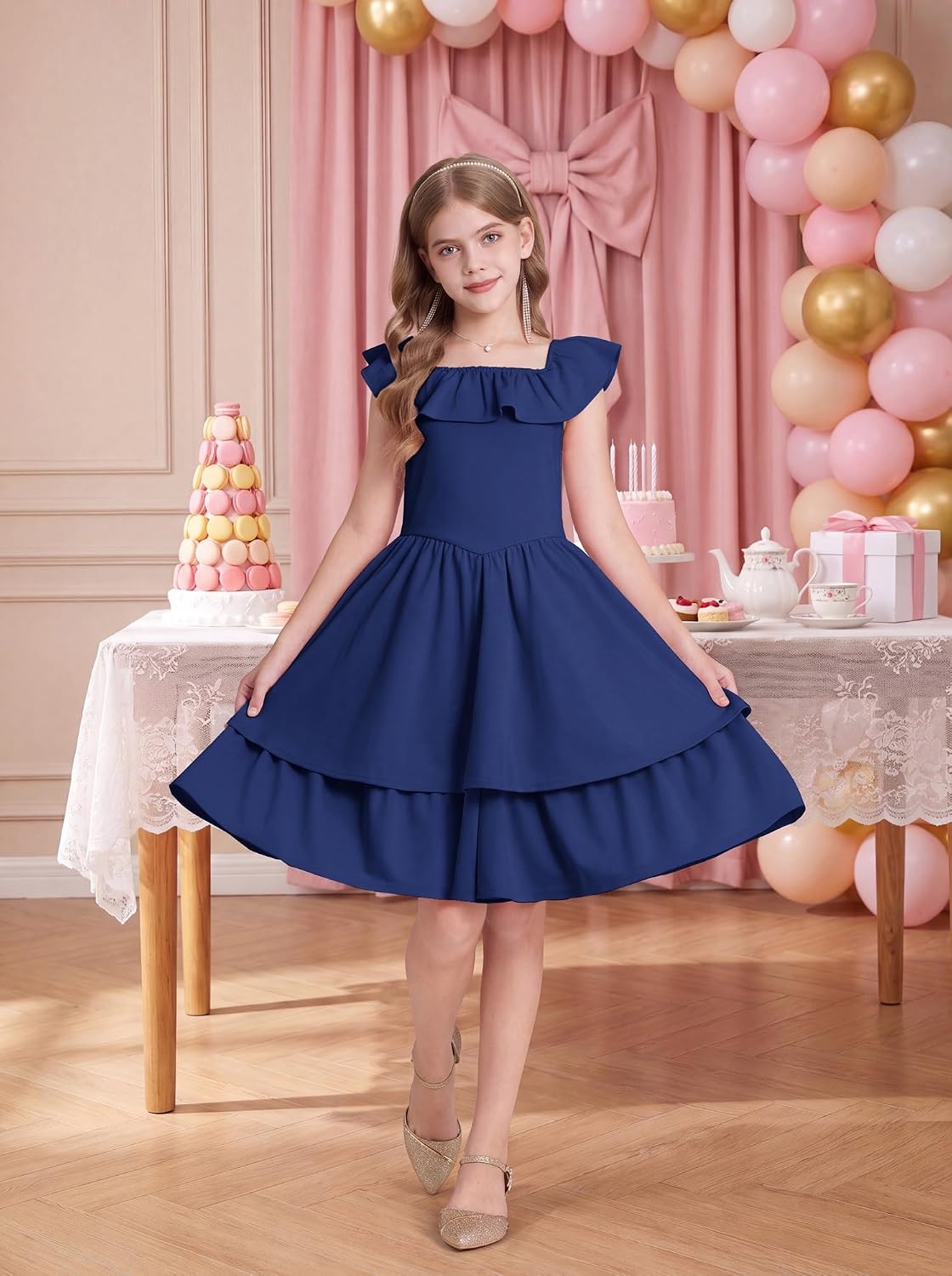 image:imageGRACE KARIN Girls Party Dress Ruffled Sleeve ALine Dresses for Girls 714YNavy Blue