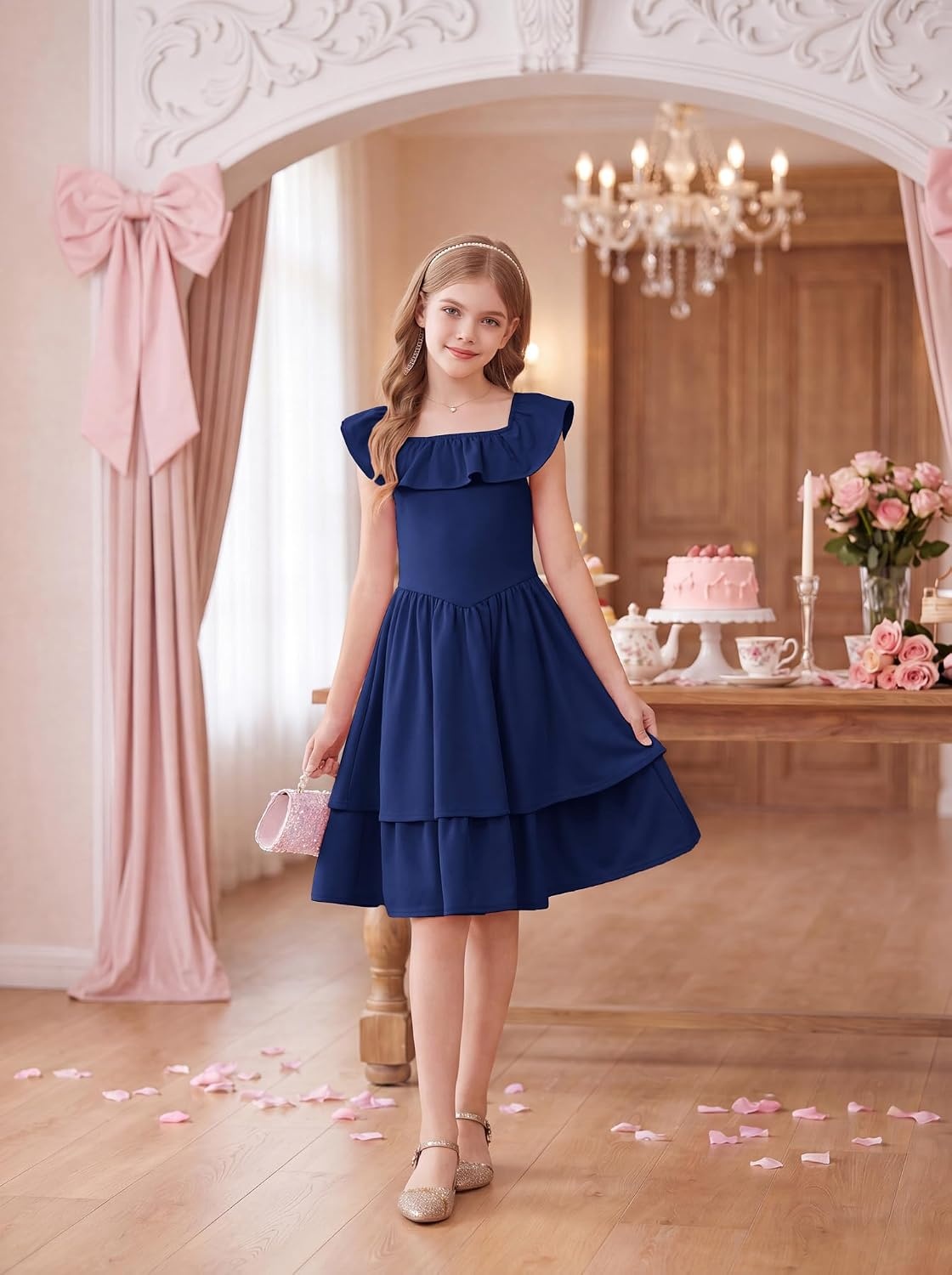 image:imageGRACE KARIN Girls Party Dress Ruffled Sleeve ALine Dresses for Girls 714YNavy Blue