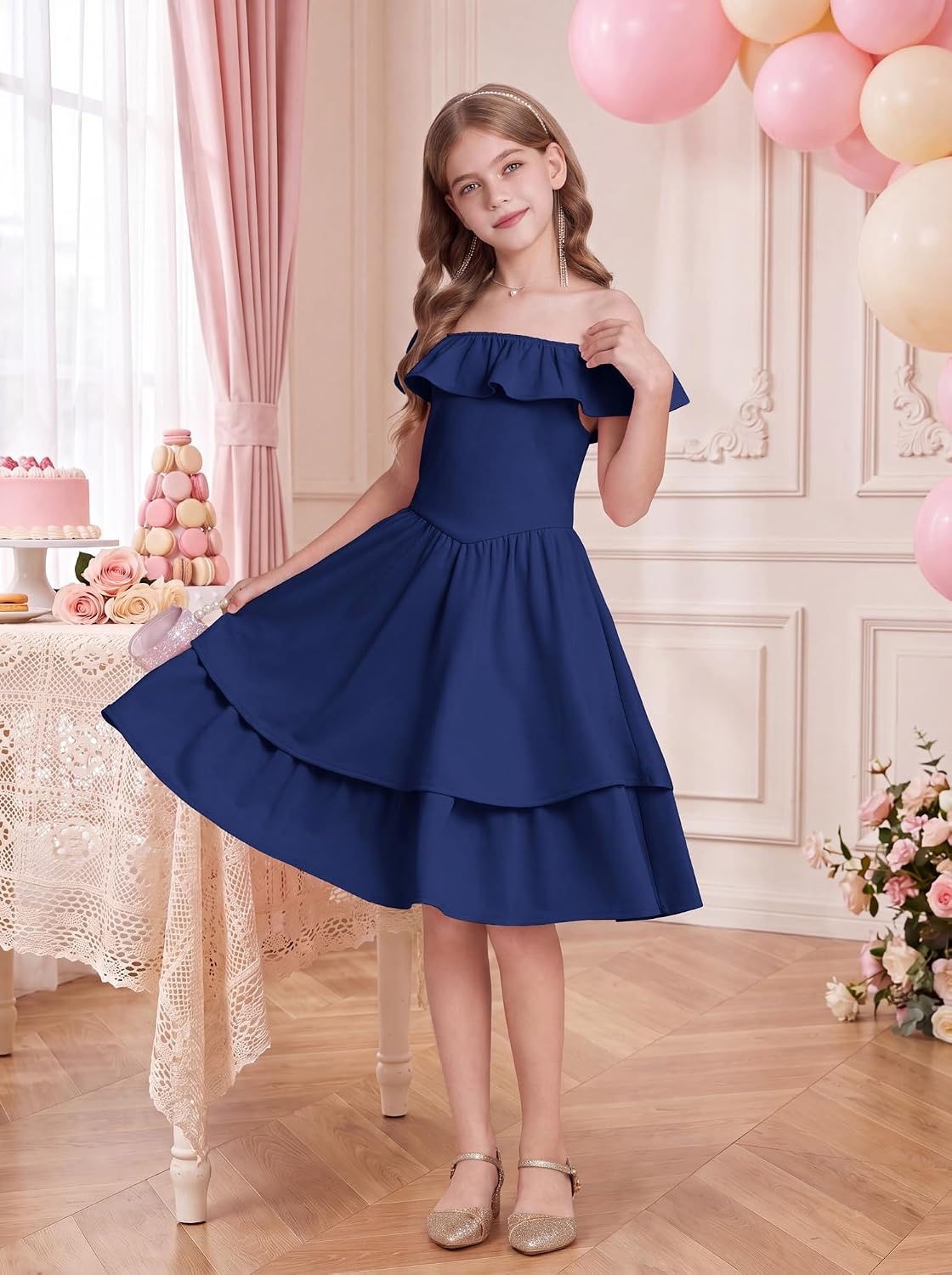 image:imageGRACE KARIN Girls Party Dress Ruffled Sleeve ALine Dresses for Girls 714YNavy Blue