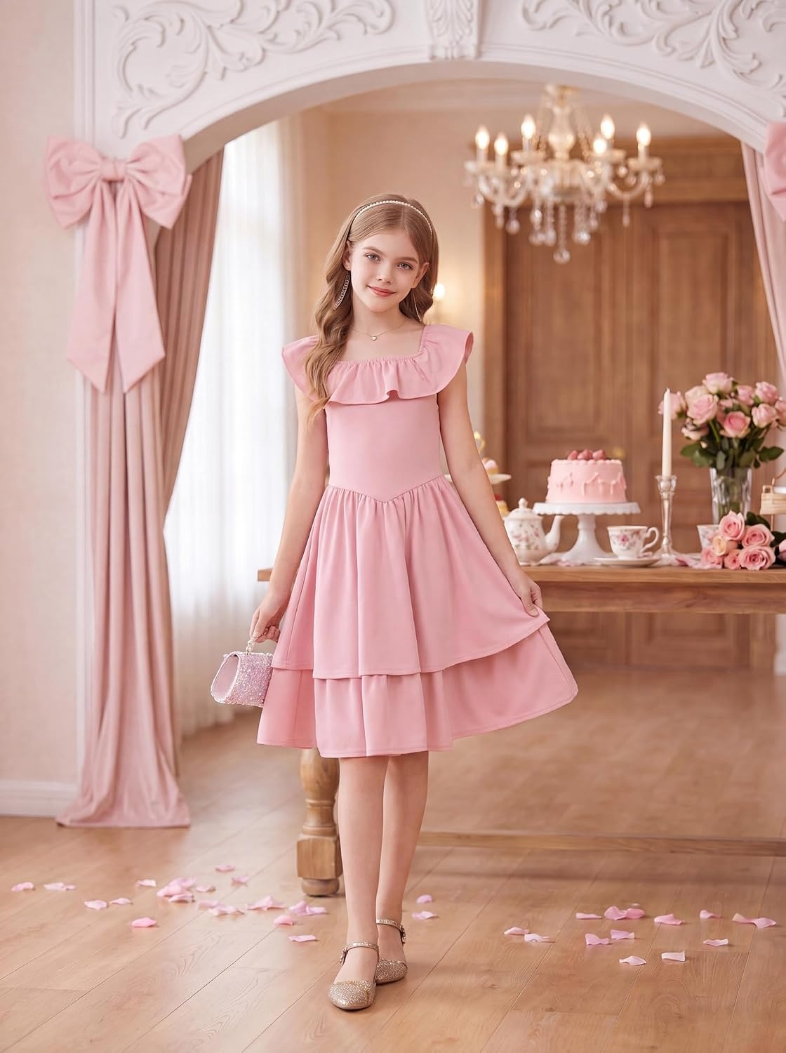 image:imageGRACE KARIN Girls Party Dress Ruffled Sleeve ALine Dresses for Girls 714YPink