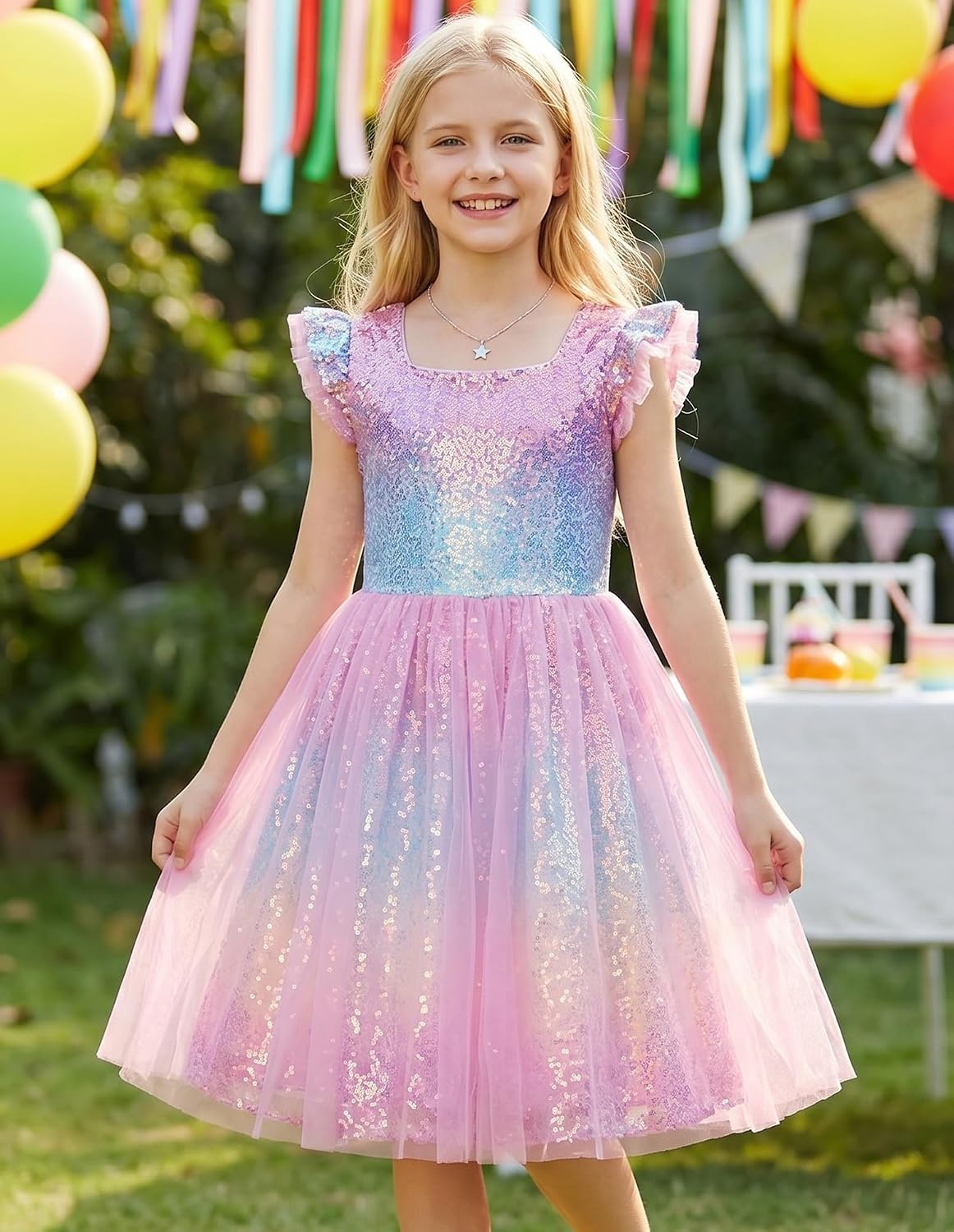 image:imageGRACE KARIN Girls Party Sequin Dress Size 612Y Kids Birthday Dance Formal Sparkly Dresses Wedding Flower Girl DressRainbow