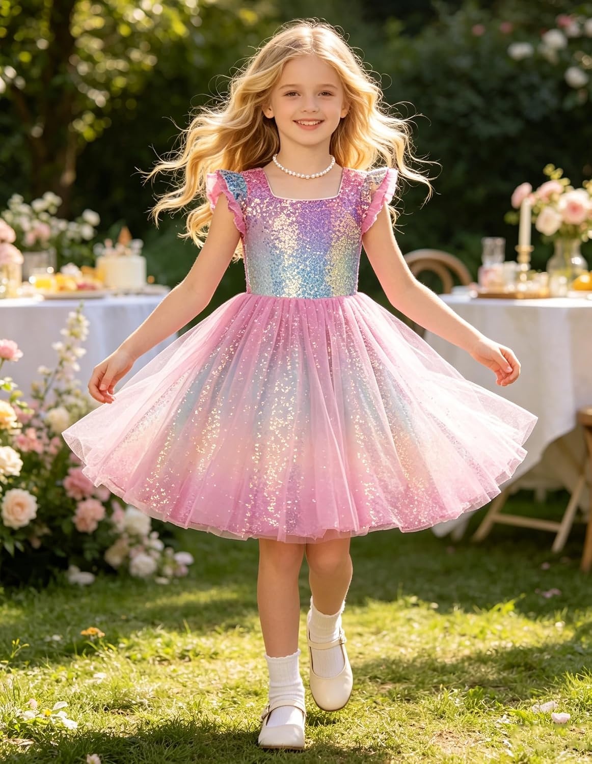 image:imageGRACE KARIN Girls Party Sequin Dress Size 612Y Kids Birthday Dance Formal Sparkly Dresses Wedding Flower Girl DressRainbow