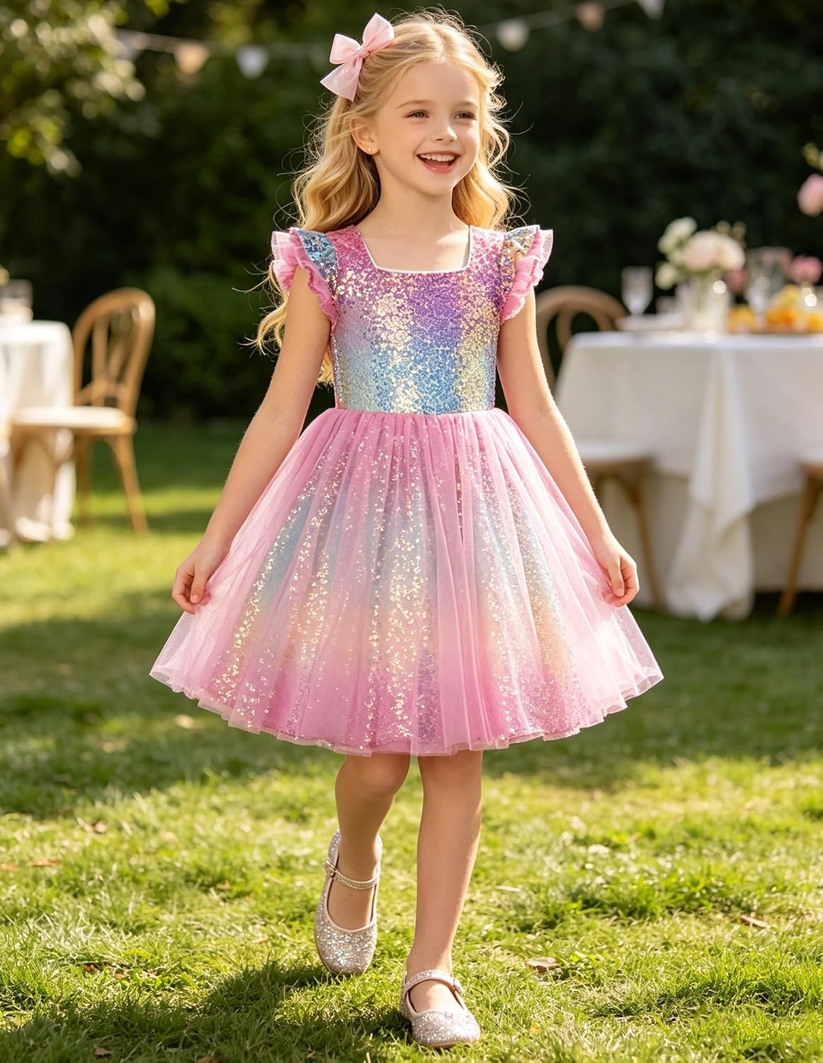 image:imageGRACE KARIN Girls Party Sequin Dress Size 612Y Kids Birthday Dance Formal Sparkly Dresses Wedding Flower Girl DressRainbow