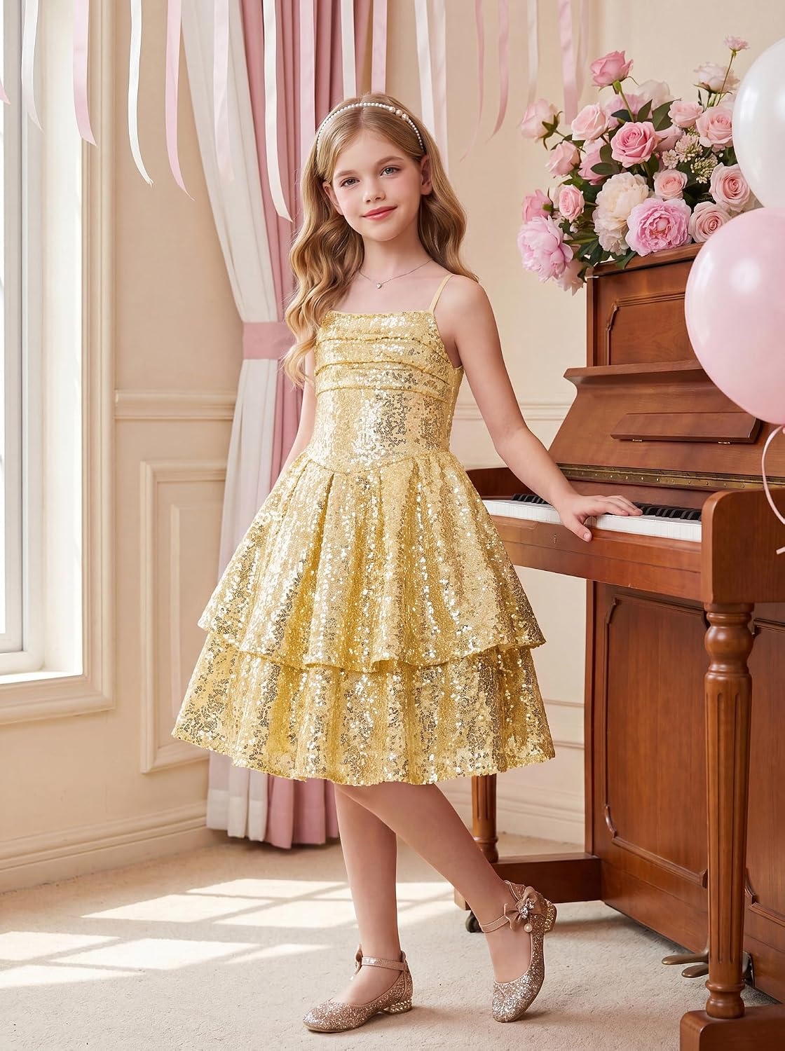image:imageGRACE KARIN Girls Sequin Formal Party Birthday Christmas Fancy Dresses 714Gold