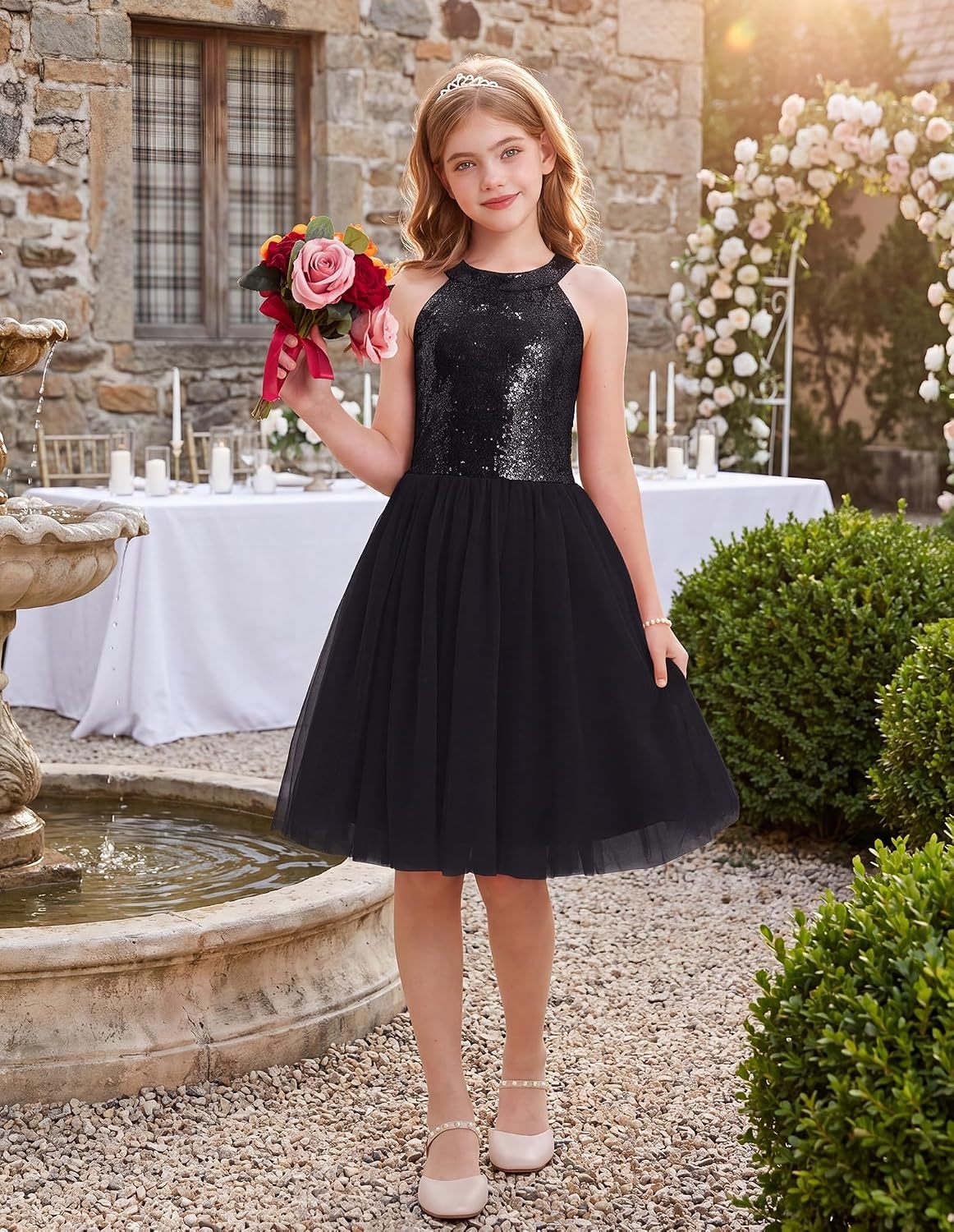 image:imageGRACE KARIN Girls Sequin Tulle Halter Dress Party Formal GownBlack