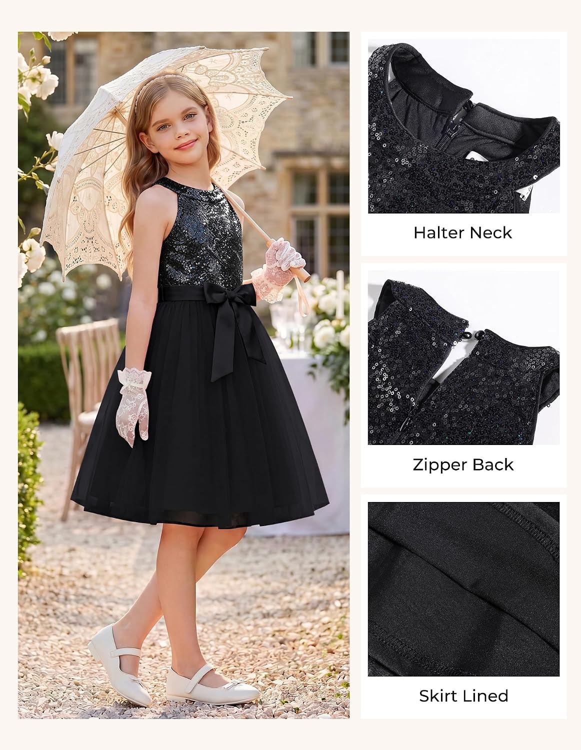 image:imageGRACE KARIN Girls Sequin Tulle Halter Dress Party Formal GownBlack