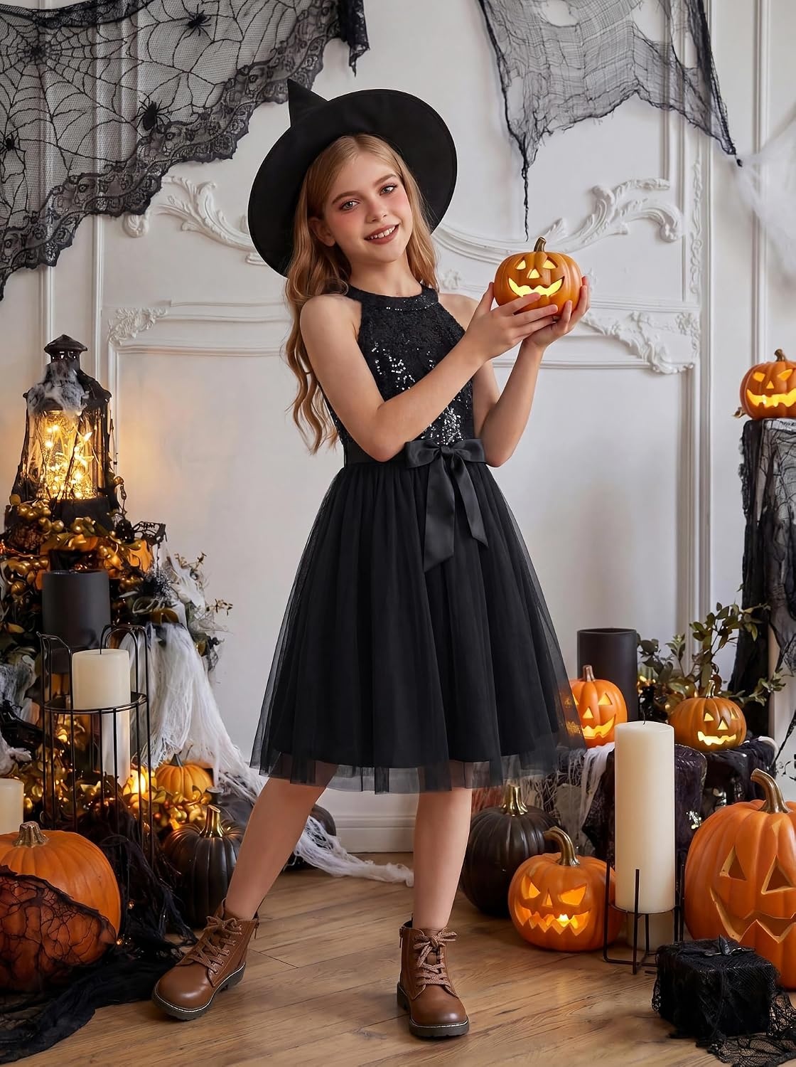 image:imageGRACE KARIN Girls Sequin Tulle Halter Dress Party Formal GownBlack