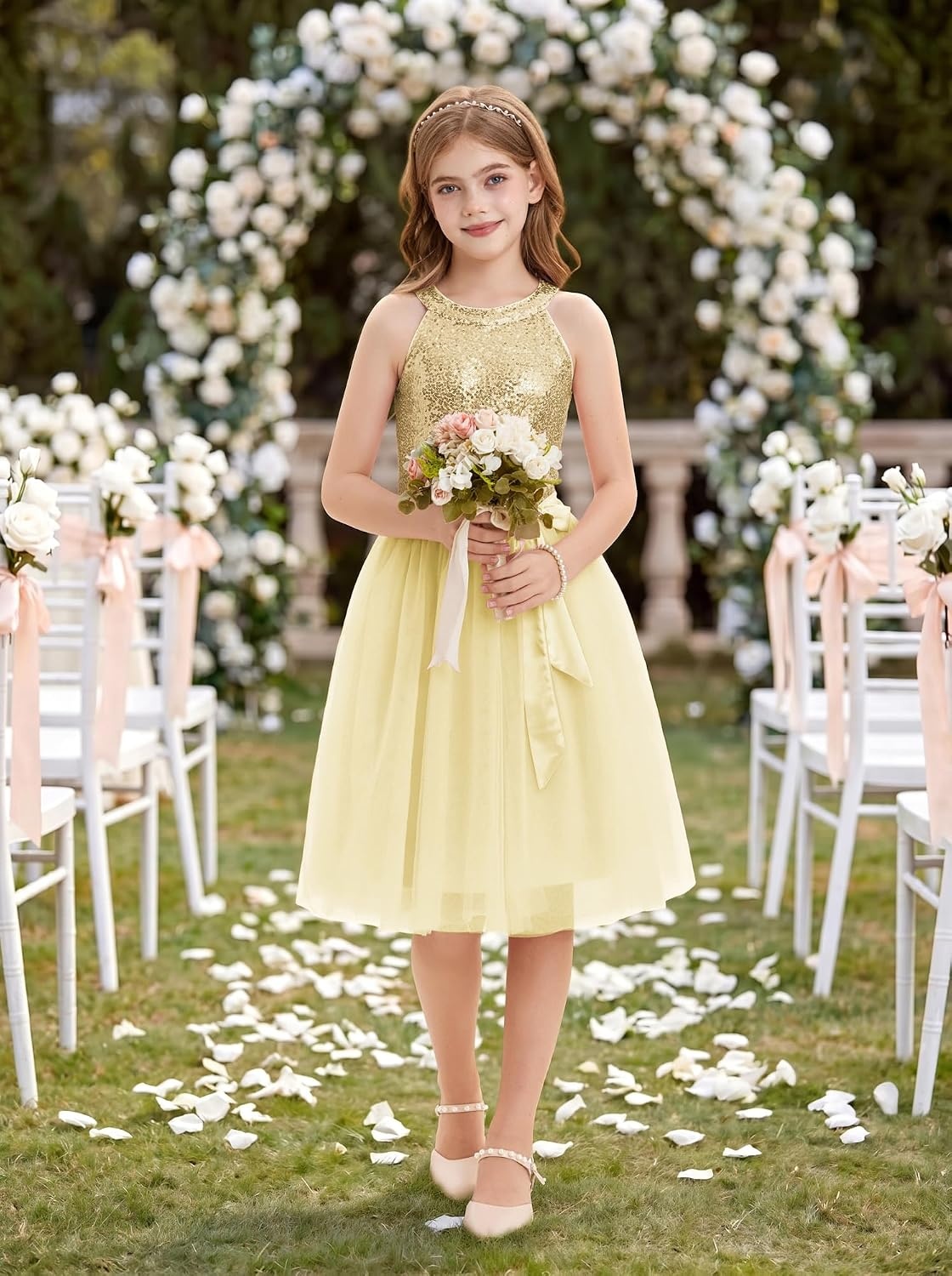 image:imageGRACE KARIN Girls Sequin Tulle Halter Dress Party Formal GownChampagne Gold