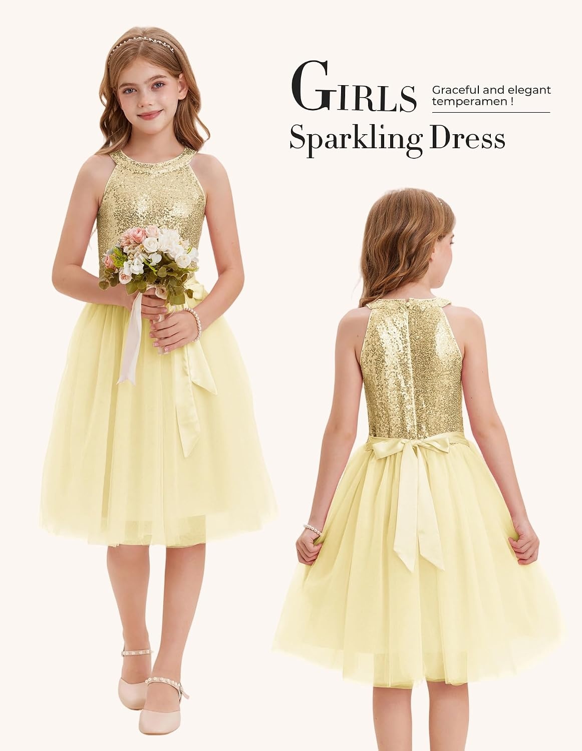 image:imageGRACE KARIN Girls Sequin Tulle Halter Dress Party Formal GownChampagne Gold
