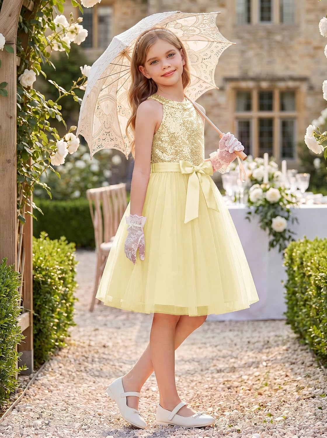 image:imageGRACE KARIN Girls Sequin Tulle Halter Dress Party Formal GownChampagne Gold