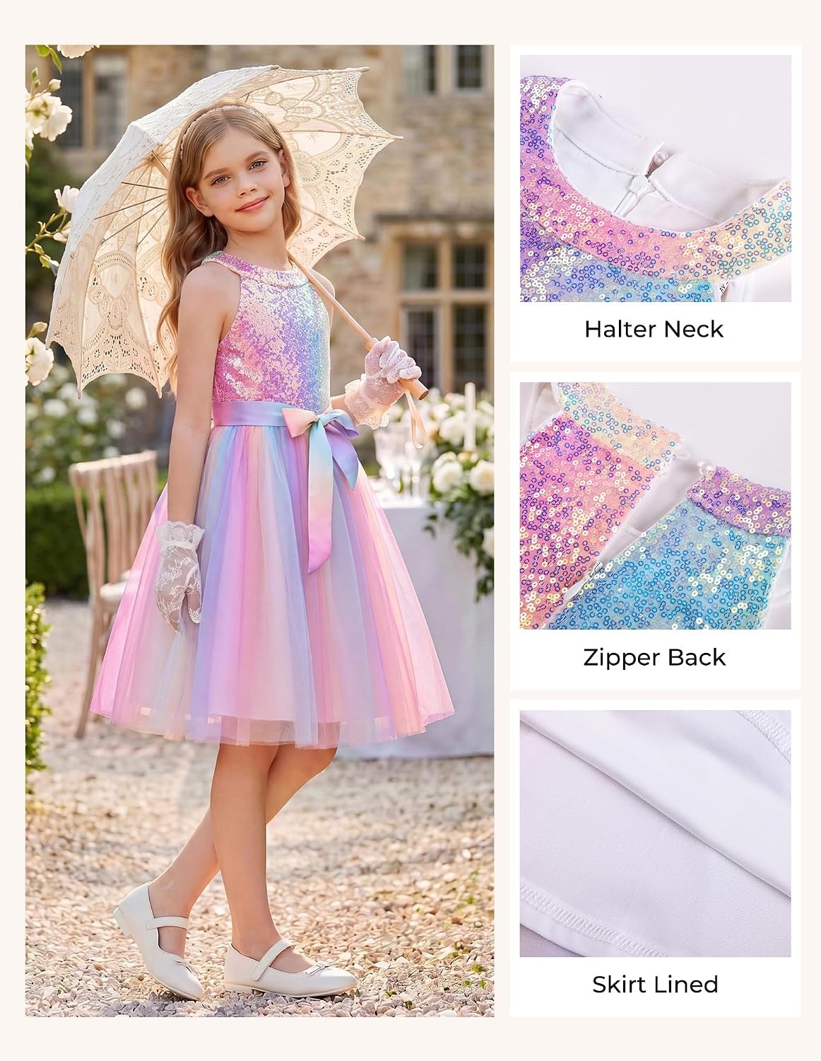 image:imageGRACE KARIN Girls Sequin Tulle Halter Dress Party Formal GownOmber