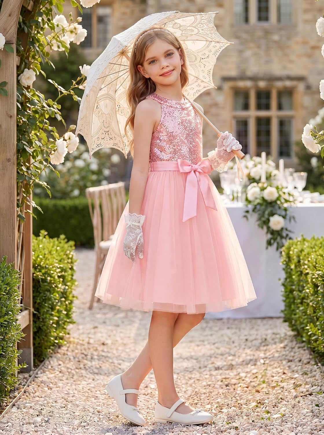 image:imageGRACE KARIN Girls Sequin Tulle Halter Dress Party Formal GownPink