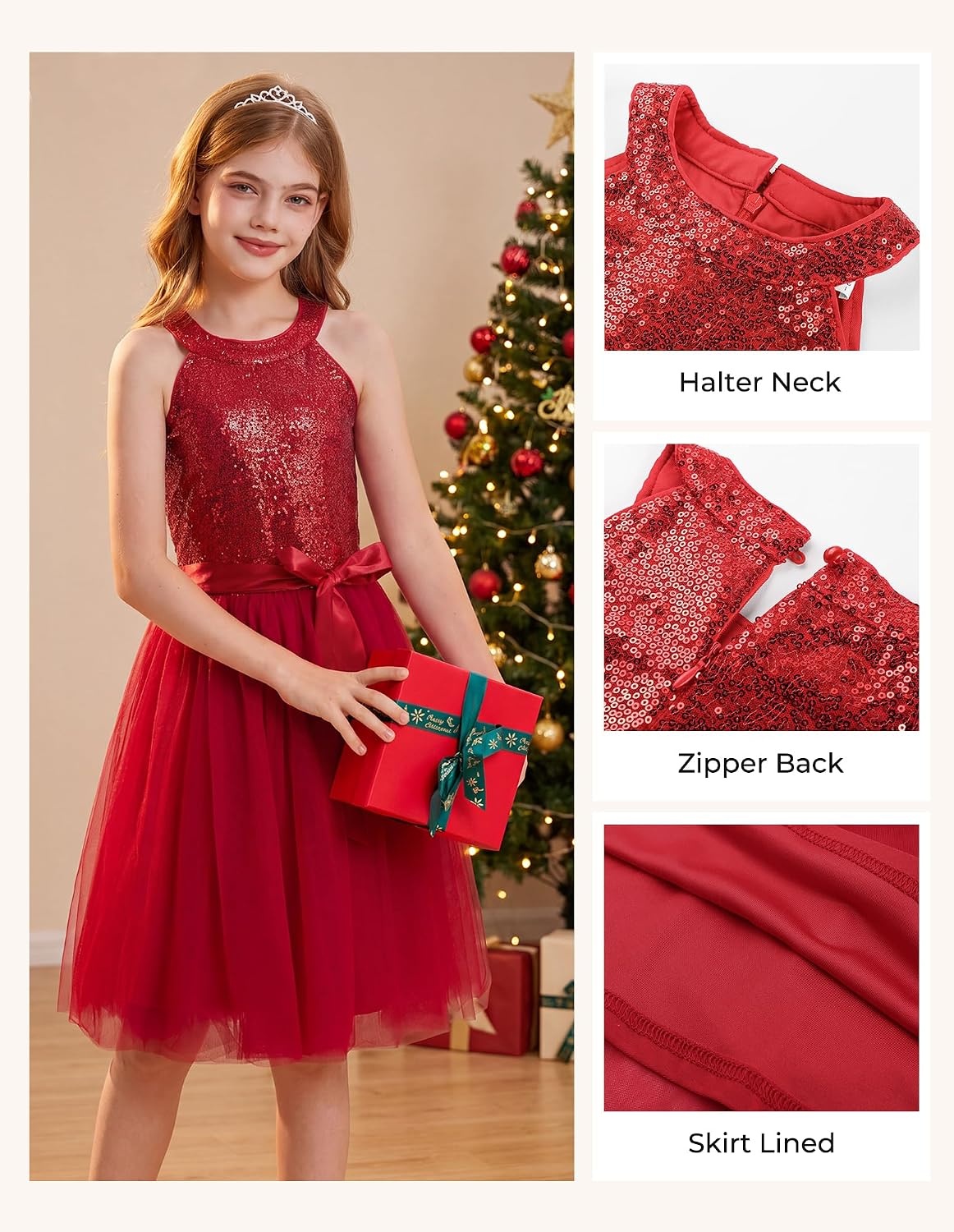 image:imageGRACE KARIN Girls Sequin Tulle Halter Dress Party Formal GownRed