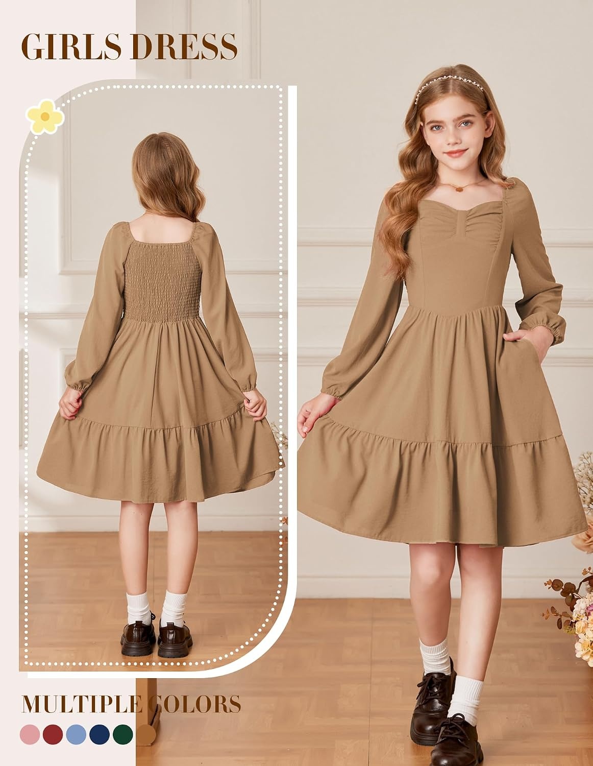 image:imageGRACE KARIN Girls Shirred Long Sleeve Fall Winter Party Holiday Cute DressDark Camel