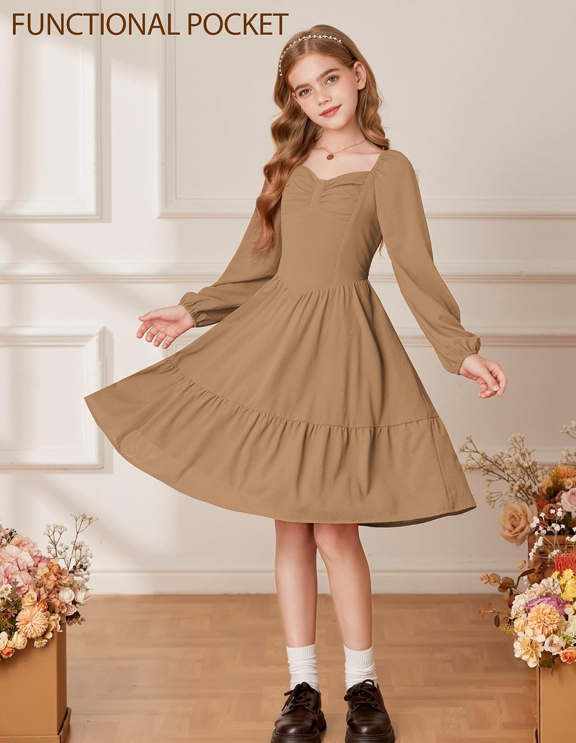 image:imageGRACE KARIN Girls Shirred Long Sleeve Fall Winter Party Holiday Cute DressDark Camel