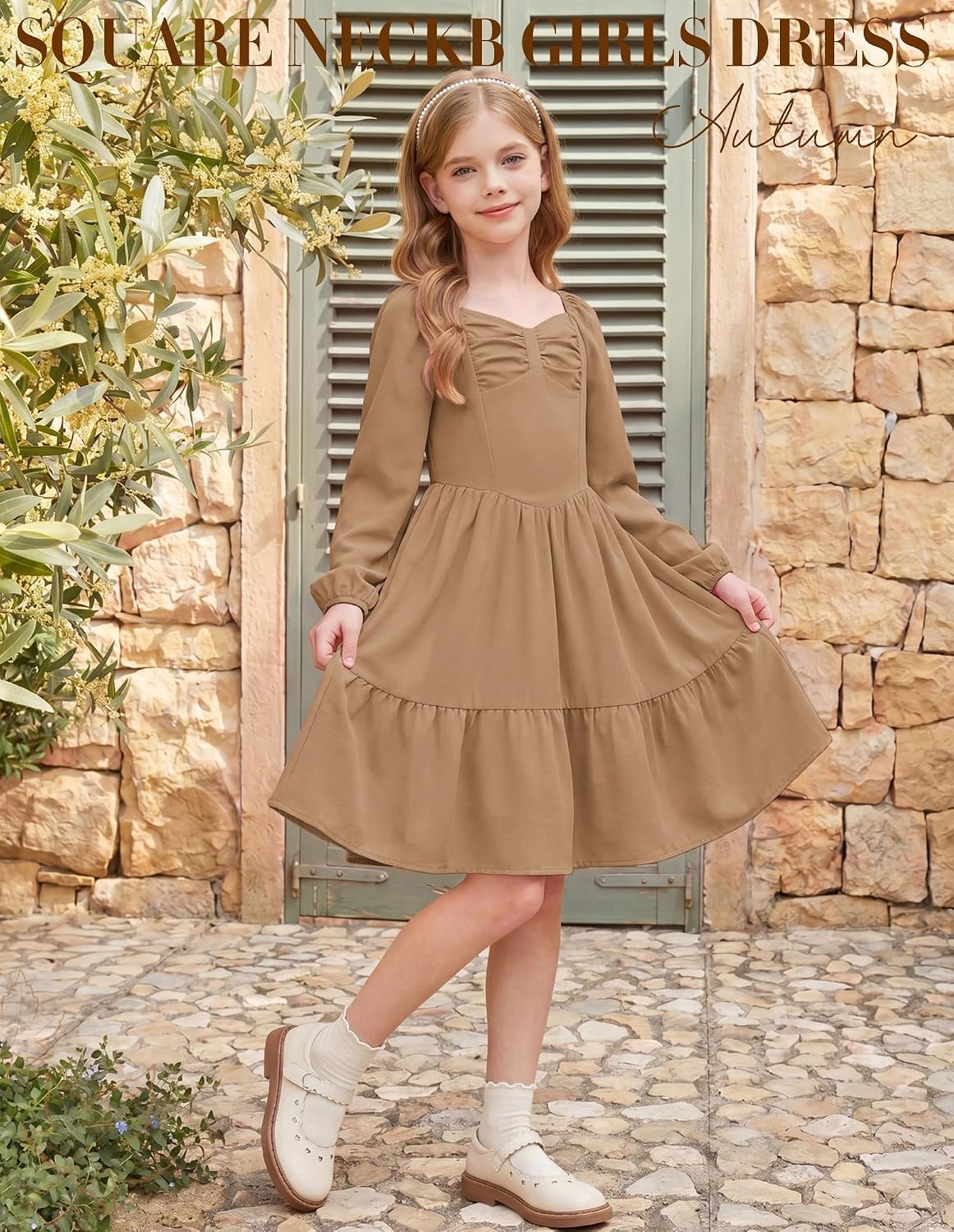 image:imageGRACE KARIN Girls Shirred Long Sleeve Fall Winter Party Holiday Cute DressDark Camel