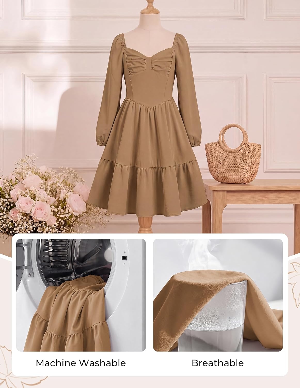 image:imageGRACE KARIN Girls Shirred Long Sleeve Fall Winter Party Holiday Cute DressDark Camel