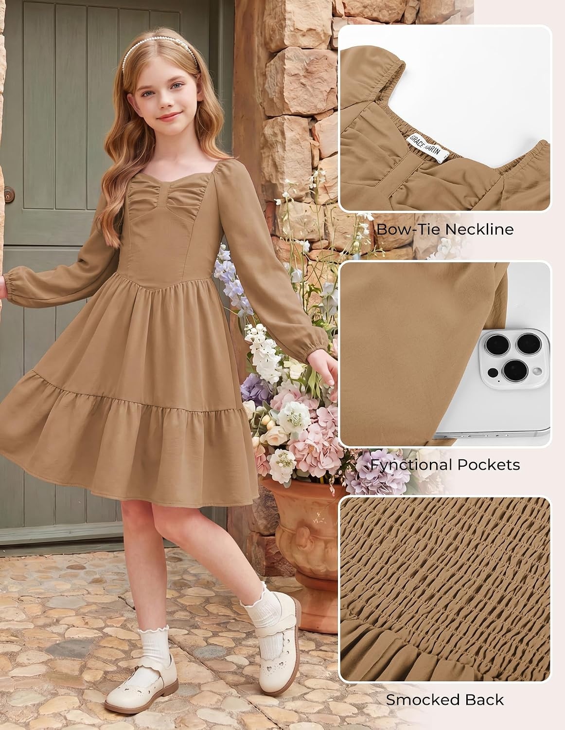 image:imageGRACE KARIN Girls Shirred Long Sleeve Fall Winter Party Holiday Cute DressDark Camel