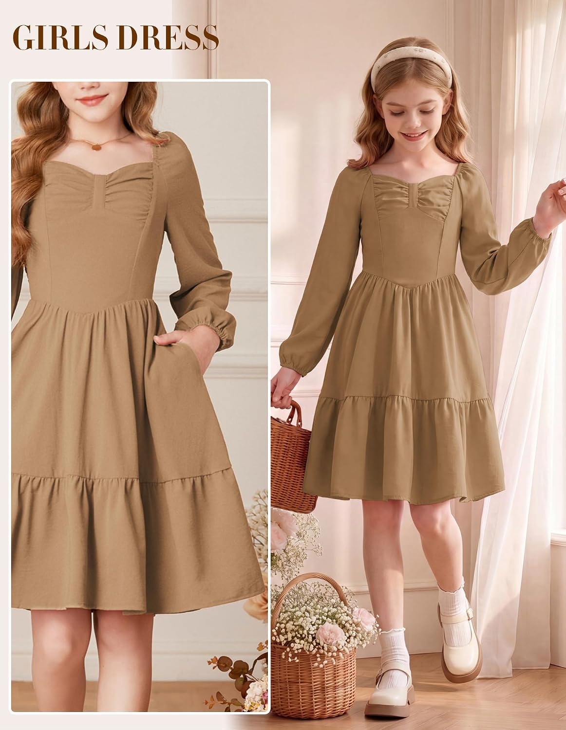image:imageGRACE KARIN Girls Shirred Long Sleeve Fall Winter Party Holiday Cute DressDark Camel