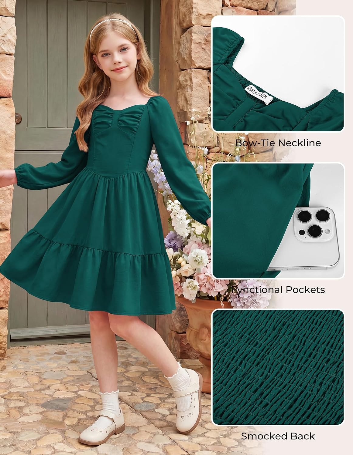 image:imageGRACE KARIN Girls Shirred Long Sleeve Fall Winter Party Holiday Cute DressDark Green