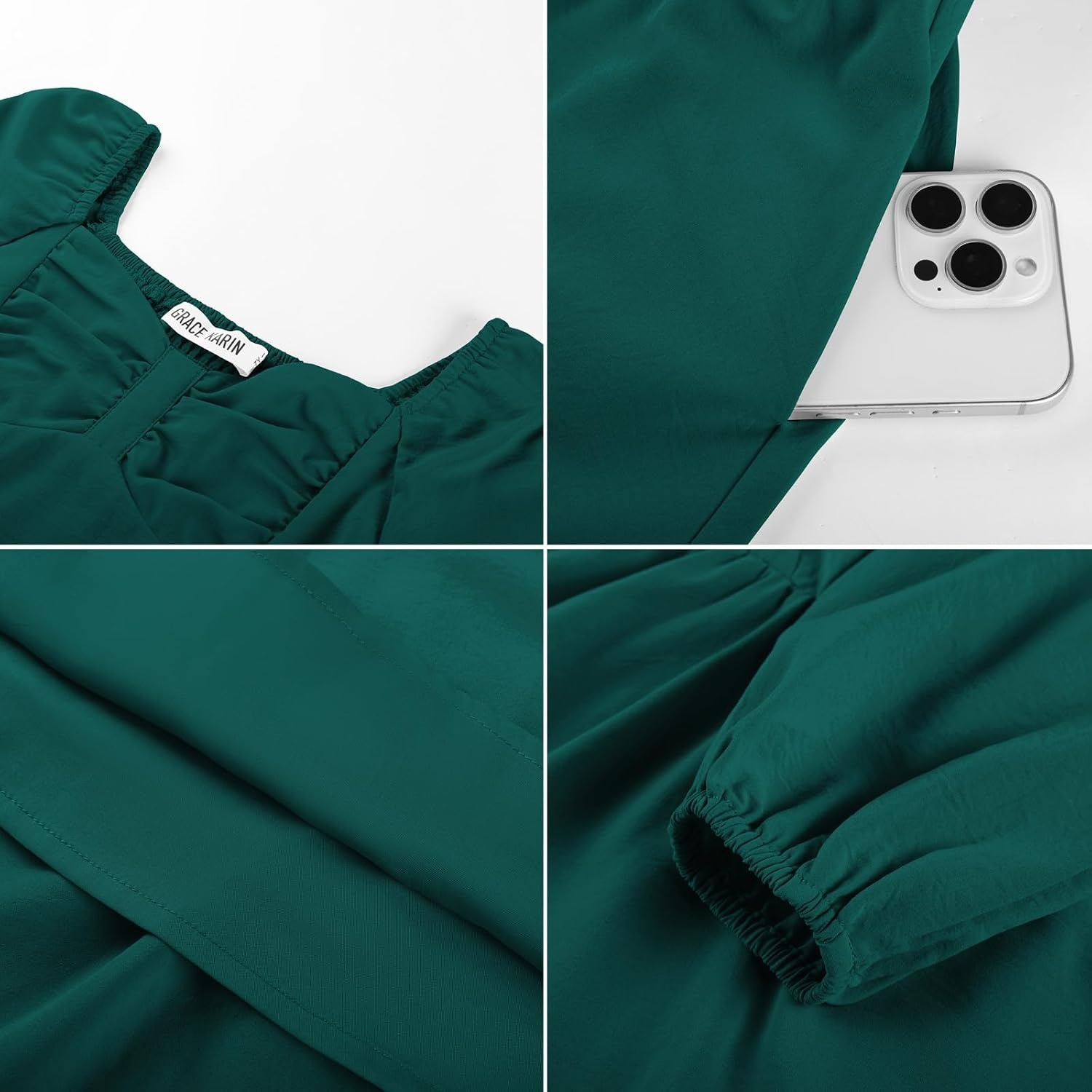 image:imageGRACE KARIN Girls Shirred Long Sleeve Fall Winter Party Holiday Cute DressDark Green