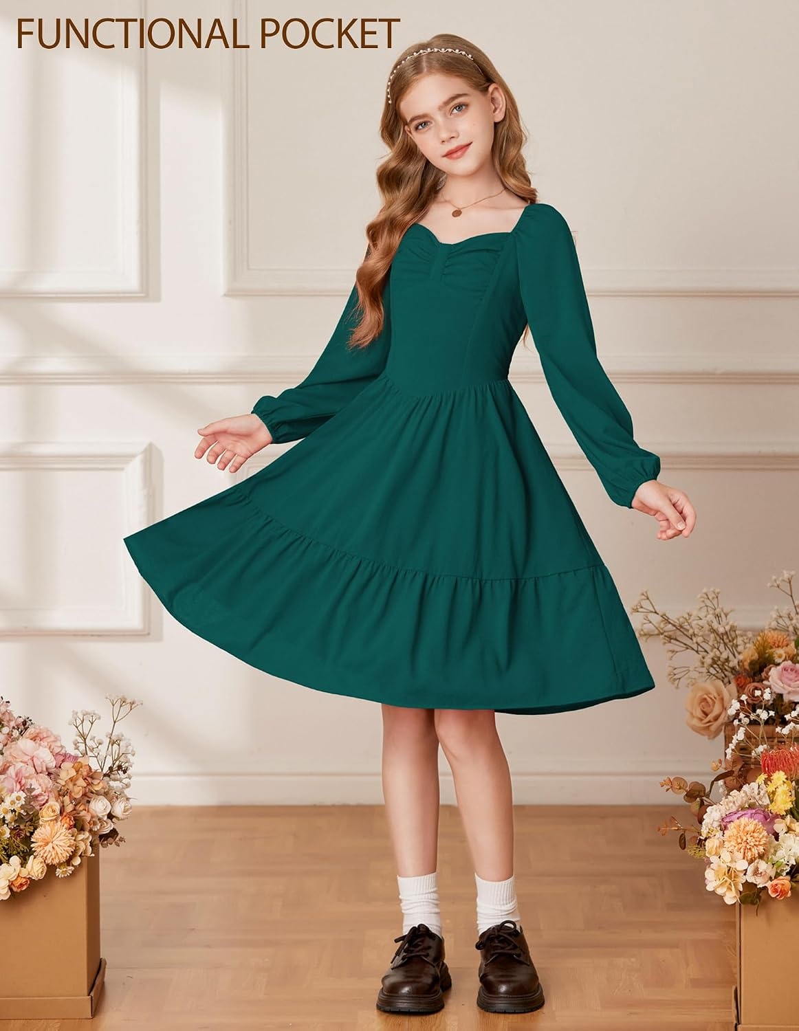 image:imageGRACE KARIN Girls Shirred Long Sleeve Fall Winter Party Holiday Cute DressDark Green