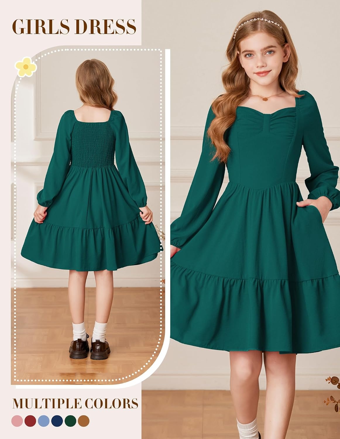 image:imageGRACE KARIN Girls Shirred Long Sleeve Fall Winter Party Holiday Cute DressDark Green