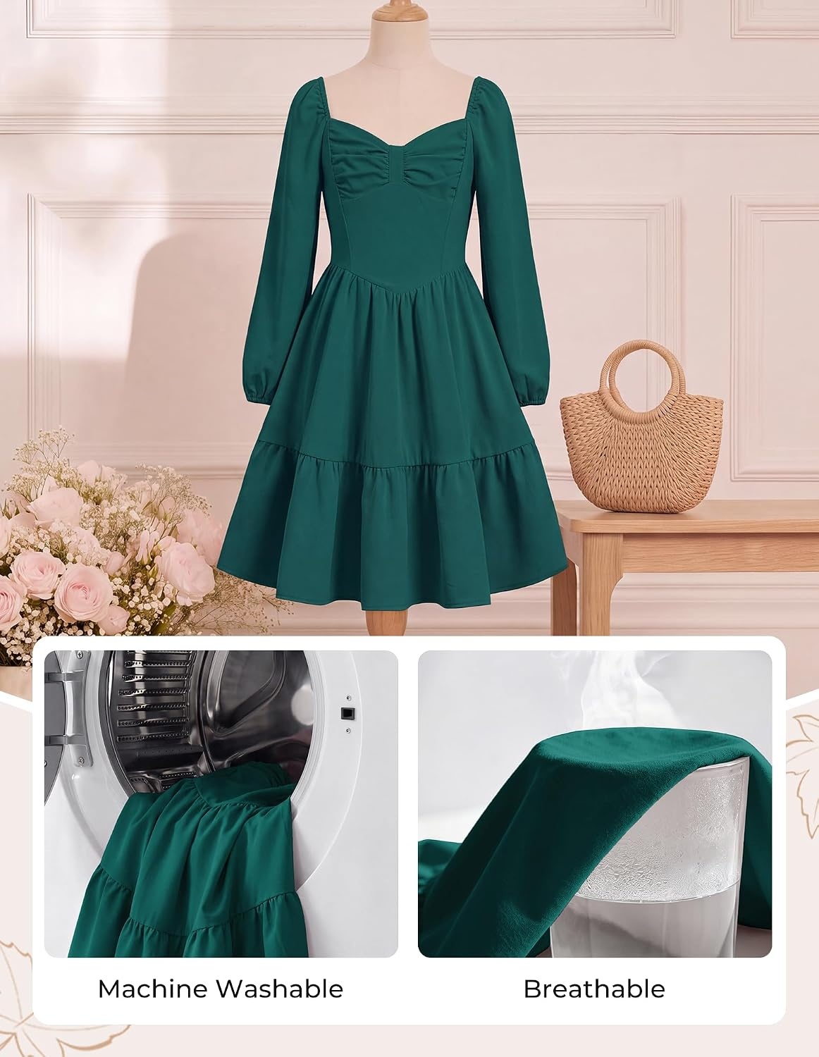 image:imageGRACE KARIN Girls Shirred Long Sleeve Fall Winter Party Holiday Cute DressDark Green