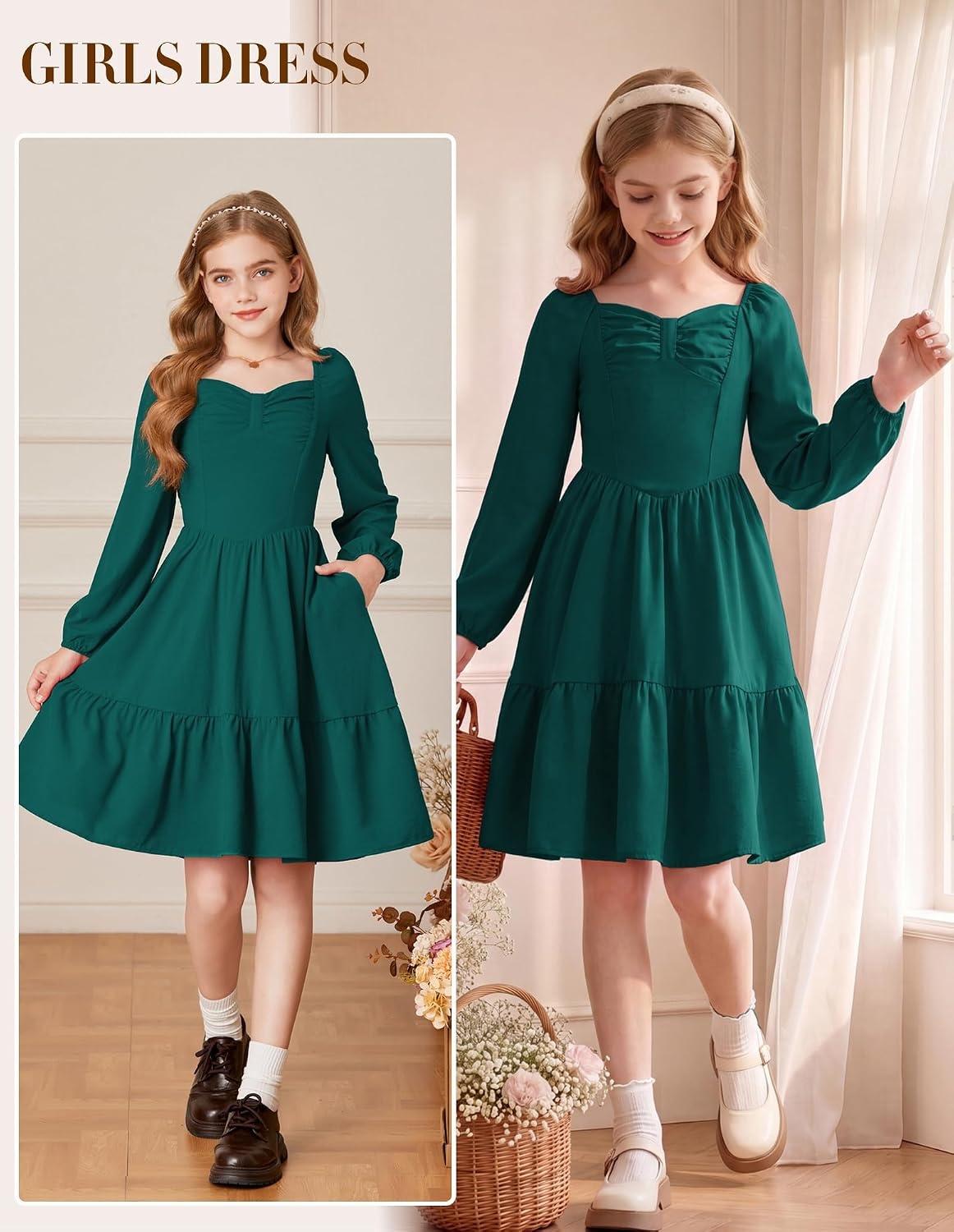 image:imageGRACE KARIN Girls Shirred Long Sleeve Fall Winter Party Holiday Cute DressDark Green