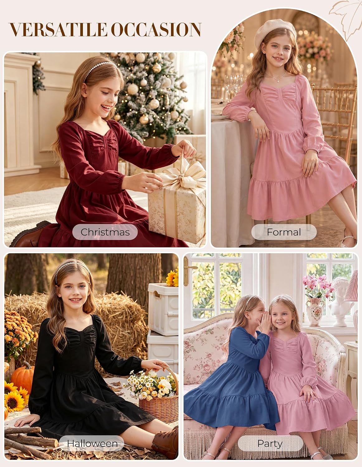 image:imageGRACE KARIN Girls Shirred Long Sleeve Fall Winter Party Holiday Cute DressGray Blue