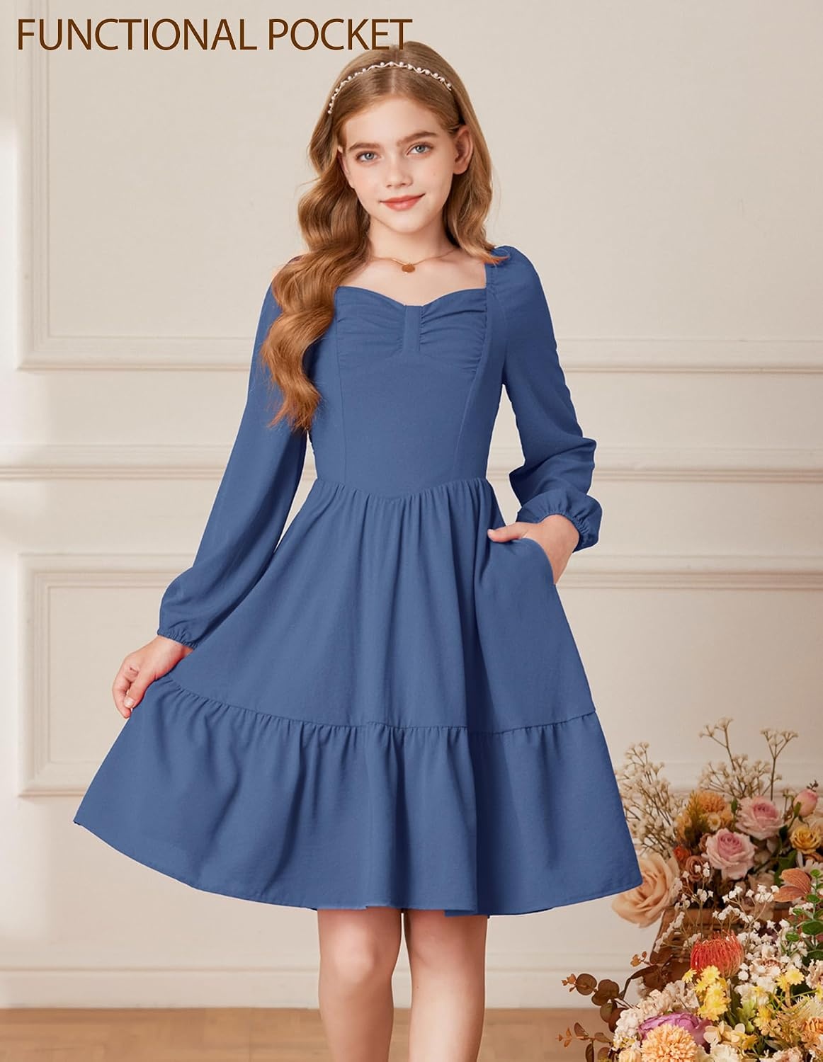 image:imageGRACE KARIN Girls Shirred Long Sleeve Fall Winter Party Holiday Cute DressGray Blue