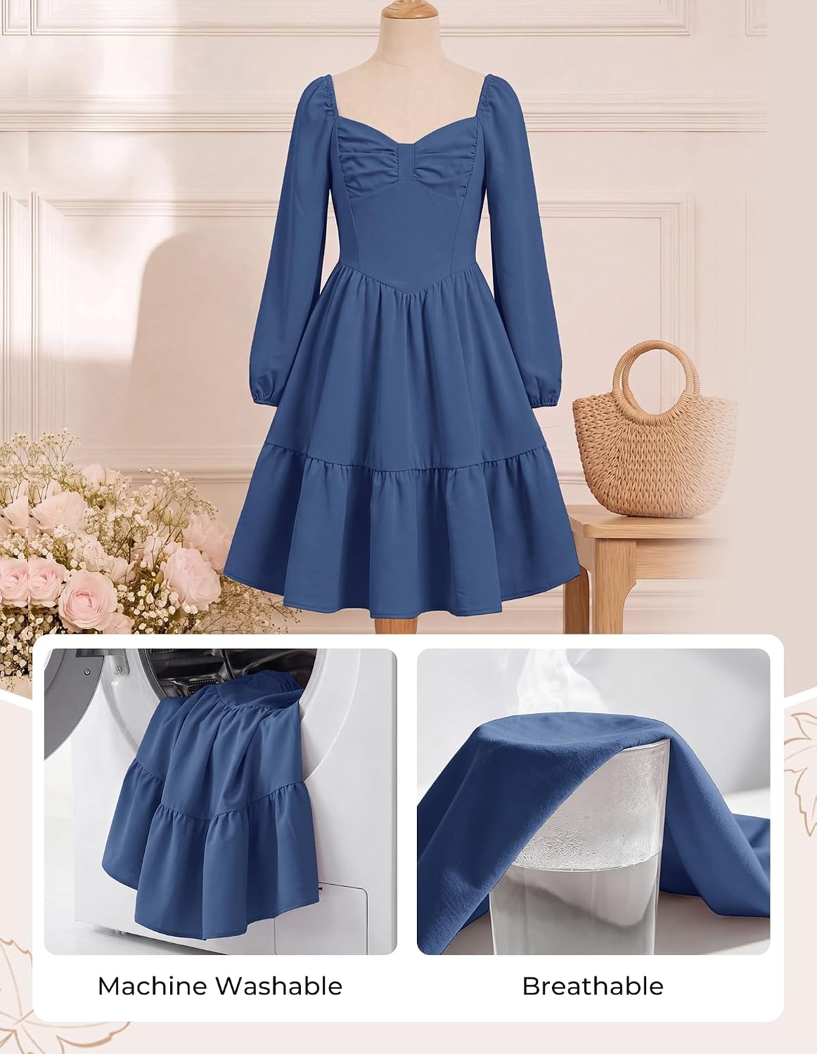 image:imageGRACE KARIN Girls Shirred Long Sleeve Fall Winter Party Holiday Cute DressGray Blue