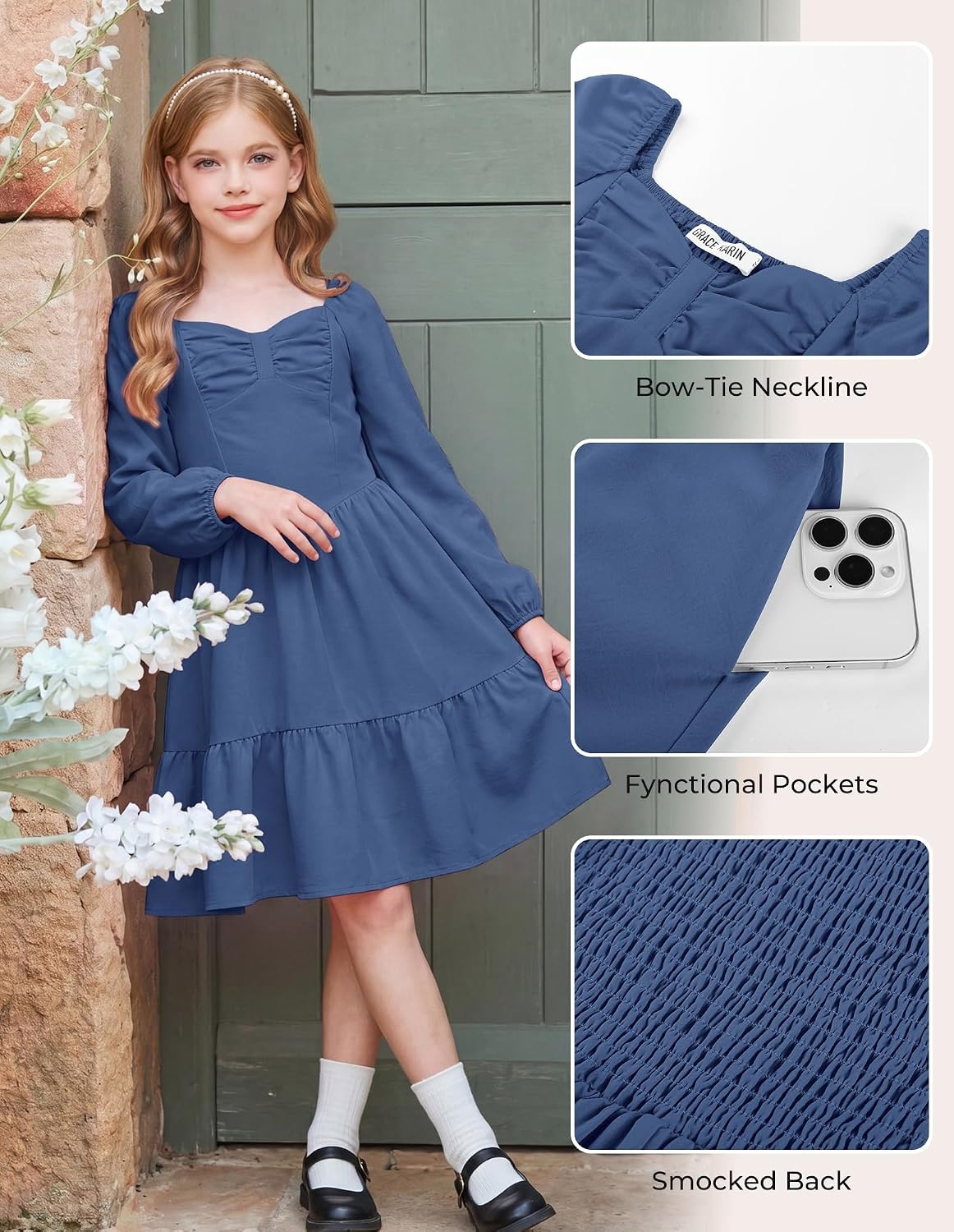 image:imageGRACE KARIN Girls Shirred Long Sleeve Fall Winter Party Holiday Cute DressGray Blue