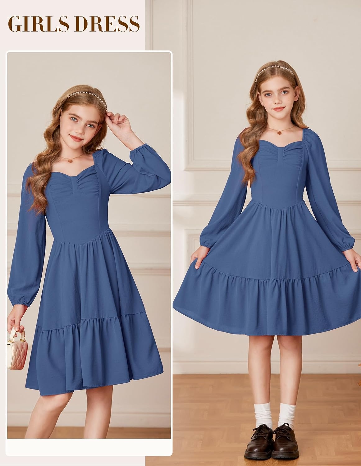 image:imageGRACE KARIN Girls Shirred Long Sleeve Fall Winter Party Holiday Cute DressGray Blue