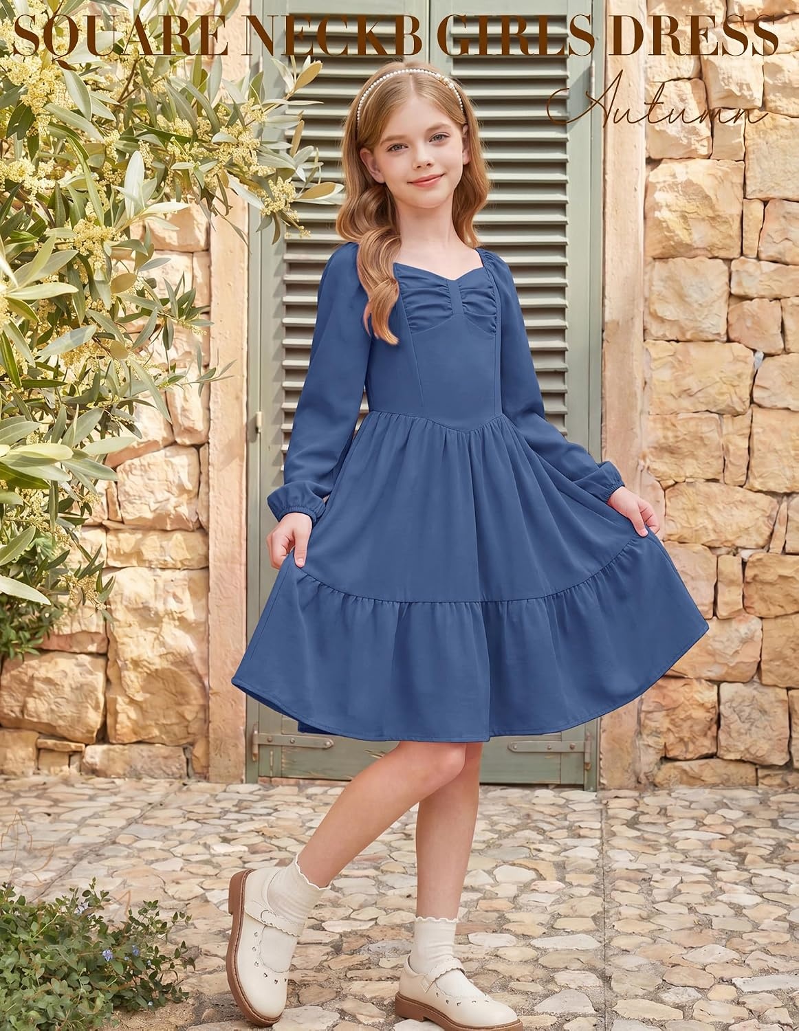 image:imageGRACE KARIN Girls Shirred Long Sleeve Fall Winter Party Holiday Cute DressGray Blue
