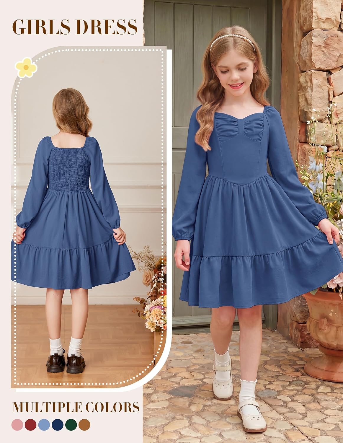 image:imageGRACE KARIN Girls Shirred Long Sleeve Fall Winter Party Holiday Cute DressGray Blue
