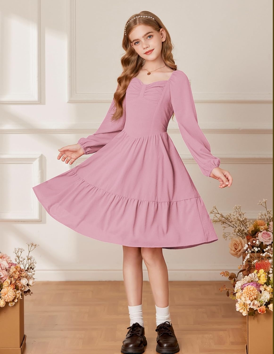 image:imageGRACE KARIN Girls Shirred Long Sleeve Fall Winter Party Holiday Cute DressGray Pink