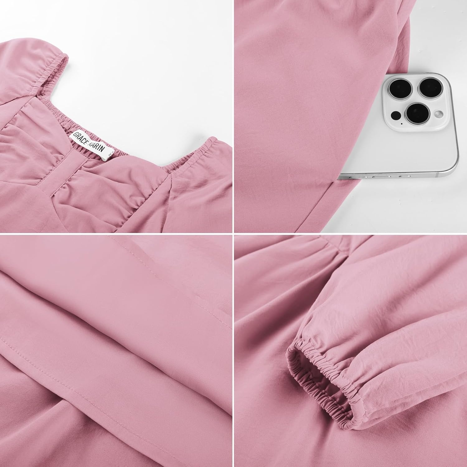 image:imageGRACE KARIN Girls Shirred Long Sleeve Fall Winter Party Holiday Cute DressGray Pink