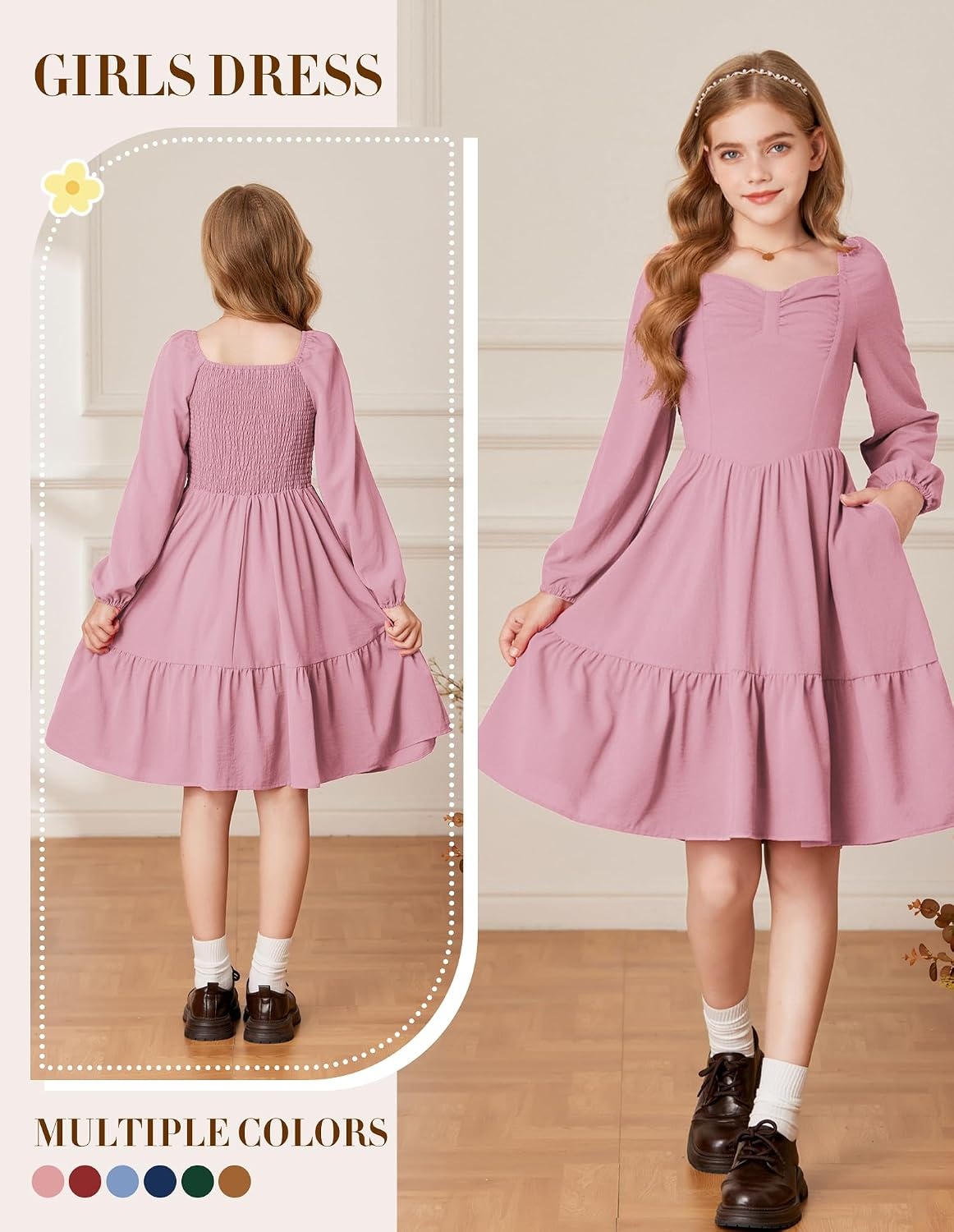 image:imageGRACE KARIN Girls Shirred Long Sleeve Fall Winter Party Holiday Cute DressGray Pink